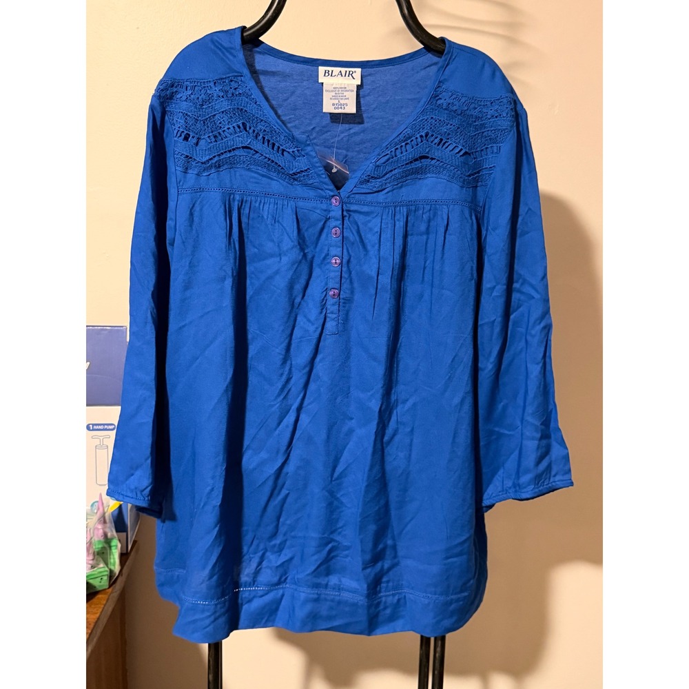 Blair Blue Crochet Lace Henley Blouse 3/4 Sleeve Rayon Top Large B15025-0043